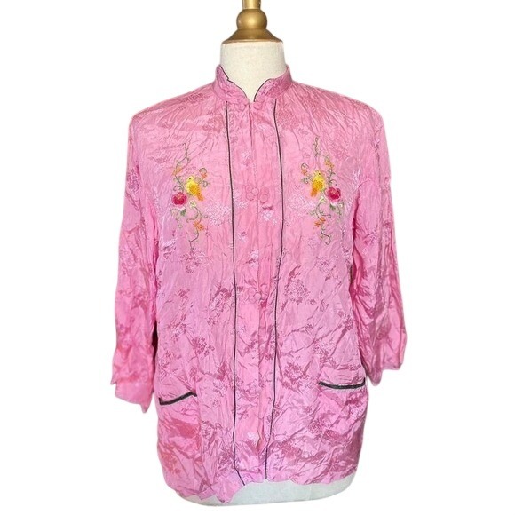 Tops - Golden Bee Vintage Pink Silk Damask Embroidered Bird Mandarin Jacket Womens L